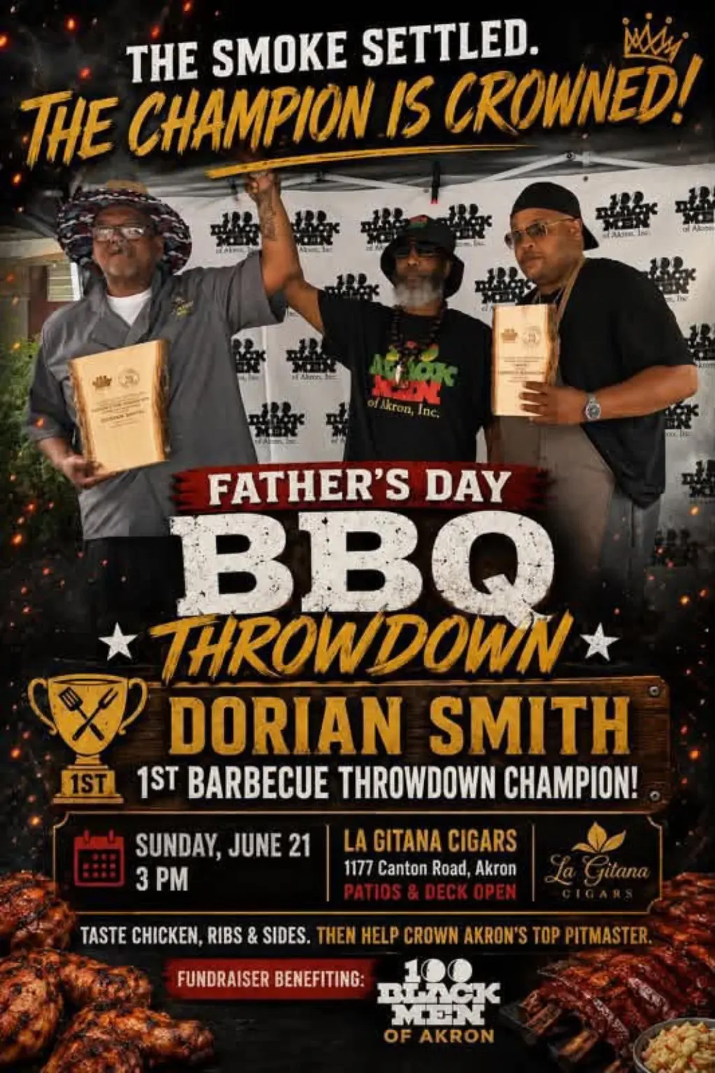 Promotional poster for a past Father's Day barbecue fundraiser benefiting 100 Black Men of Akron